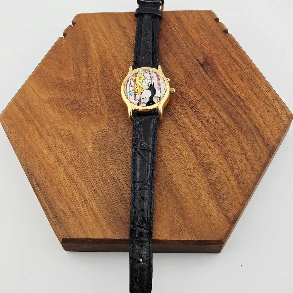 Vintage Armitron Sylvester & Tweety Bird Watch Black Leather Band Needs TLC